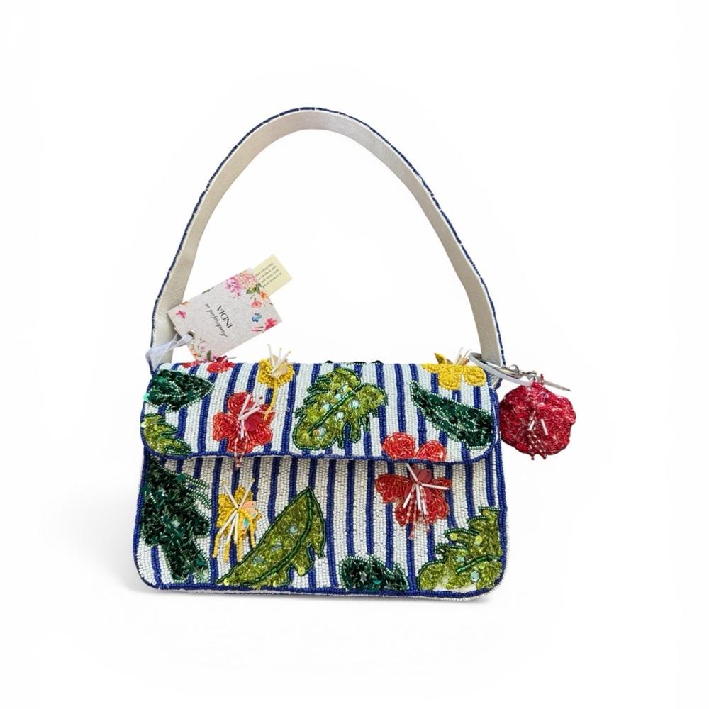 Beaded Hawaii Floral Beaded Shoulder Bag - White/Blue Stripe.  With Charm